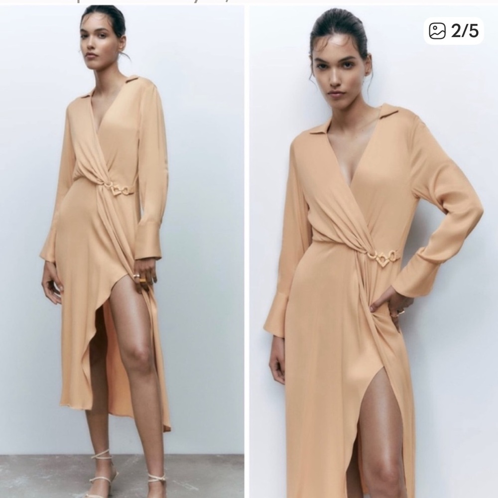 NEW Zara Faux Wrap Jewel Side Slit Midi Long Sleeve Tan Dress, Size XL
